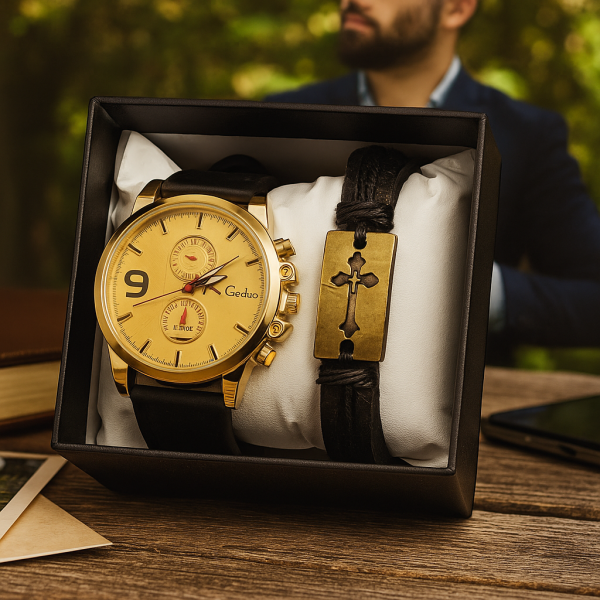 Мъжки комплект Geduo – елегантен часовник със златист циферблат и кожена гривна в подаръчна кутия