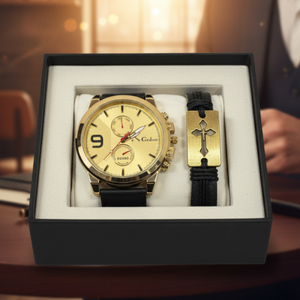 Мъжки комплект Geduo – елегантен часовник със златист циферблат и кожена гривна в подаръчна кутия