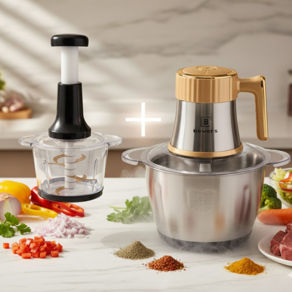 Многофункционален електрически кухненски чопър Beyers BH-2880 + Ръчен чопър с 3L стъклена купа