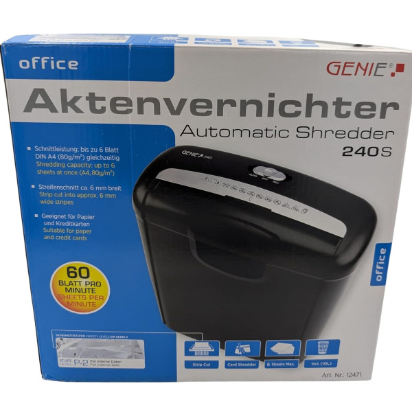 Професионален шредер за документи Genie 240S за унищожаване на документи, хартия и кредитни карти с 10-литров контейнер