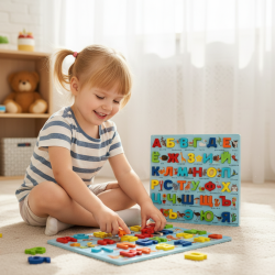 Дървена образователна дъска с руска азбука и животни