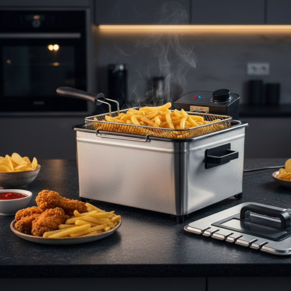 Фритюрник Cheffinger CF-EDP5.0 – 5L, 2000W, неръждаема стомана, 3 кошници, регулируема температура