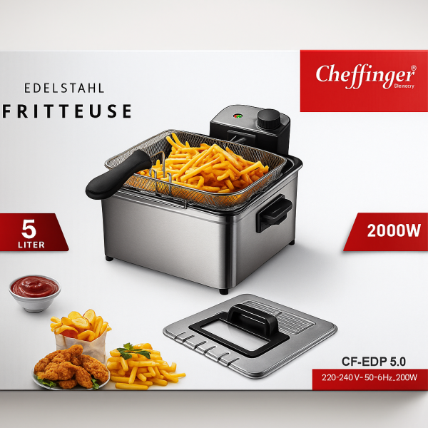 Фритюрник Cheffinger CF-EDP5.0 – 5L, 2000W, неръждаема стомана, 3 кошници, регулируема температура