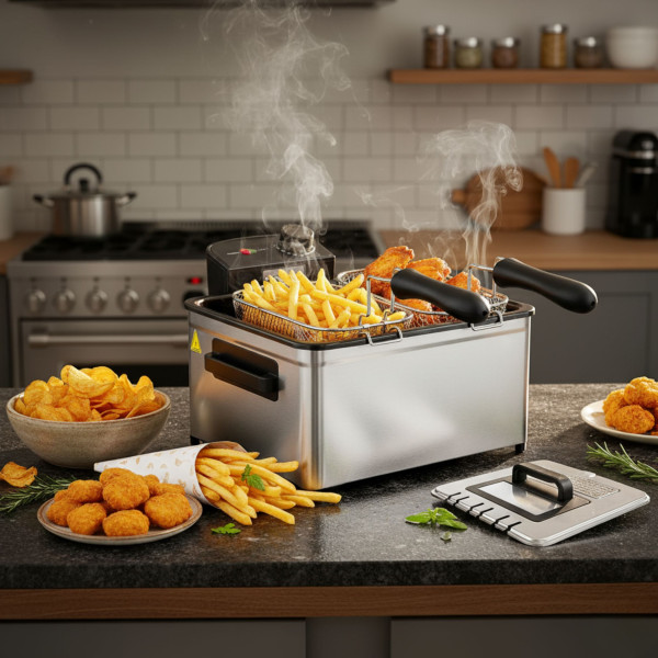 Фритюрник Cheffinger CF-EDP5.0 – 5L, 2000W, неръждаема стомана, 3 кошници, регулируема температура 5