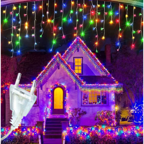 Коледна украса LED ресни 12 метра – водоустойчива инсталация с 8 режима на светене, идеална за дома, градината и оградата 1