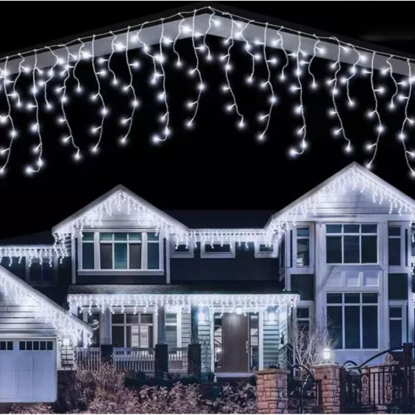 Коледна украса LED ресни 12 метра – водоустойчива инсталация с 8 режима на светене, идеална за дома, градината и оградата 5
