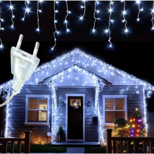 Коледна украса LED ресни 12 метра – водоустойчива инсталация с 8 режима на светене, идеална за дома, градината и оградата 4