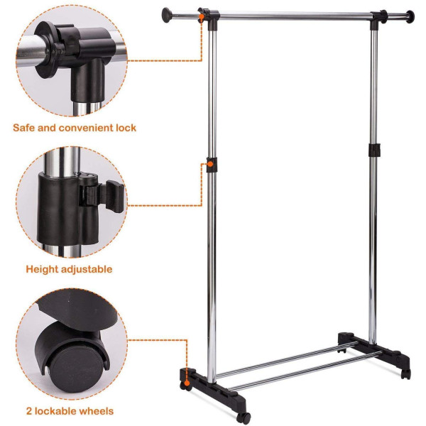 Сгъваема стойка за дрехи от неръждаема стомана, еднополюсна с колелца за дома 8