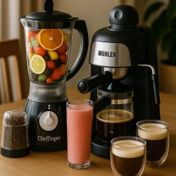 Комплект от еспресо машина MUHLER MCM-33 + 2 стъклени чаши и блендер с мелничка Cheffinger Home CF-PB1.5