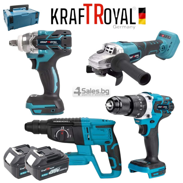 Комплект от акумулаторен перфоратор, ъглошлайф 125 мм., гайковерт и винтоверт 36V с 2 броя батерии 6Ah в куфар и зарядно CASE31