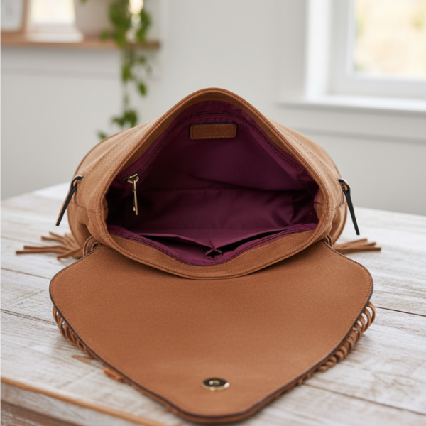 Дамска раница от еко кожа с ресни – бохо стил, удобство и обем (36×30×16 см)