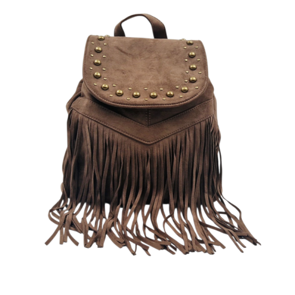 Велурена дамска раница с ресни и метални нитове – бохо стил и практичност