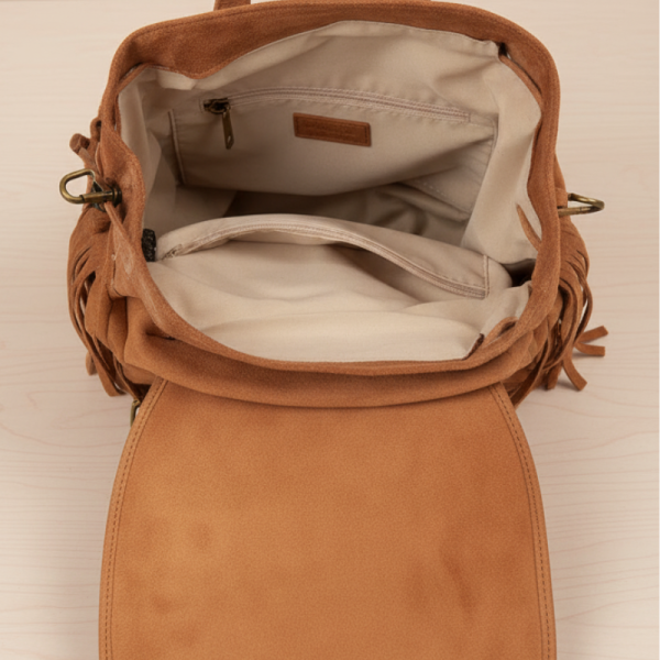 Велурена дамска раница с ресни и метални нитове – бохо стил и практичност