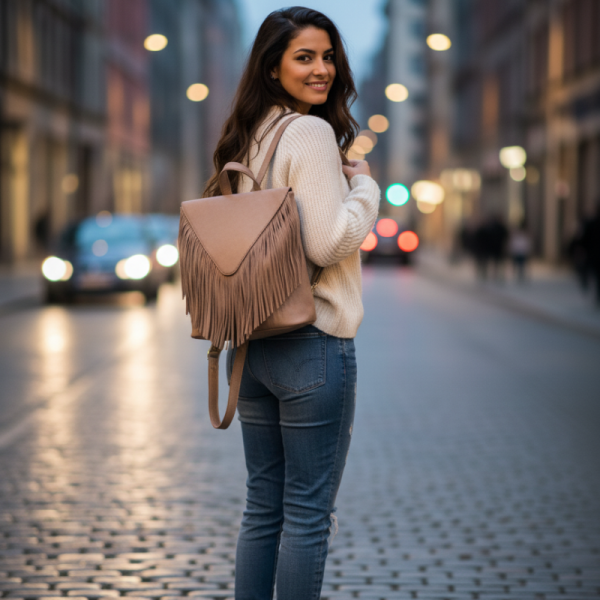 Дамска раница от еко кожа с ресни – бохо стил, удобство и обем (36×30×16 см)