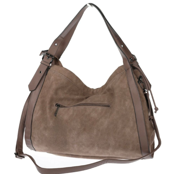 Велурена дамска чанта с декоративни кожени ленти и метални капси – елегантен бохо дизайн 7