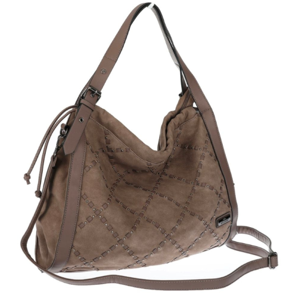 Велурена дамска чанта с декоративни кожени ленти и метални капси – елегантен бохо дизайн