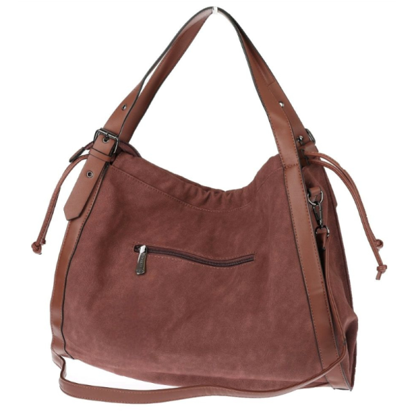 Велурена дамска чанта с декоративни кожени ленти и метални капси – елегантен бохо дизайн