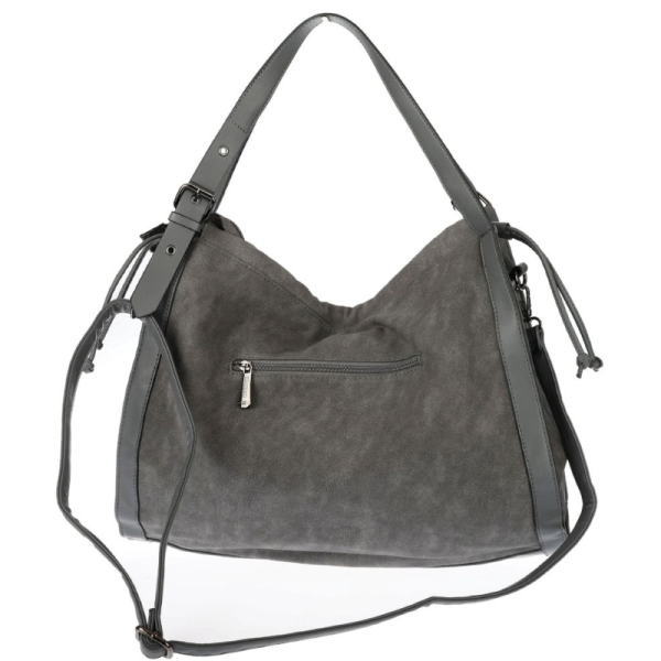 Велурена дамска чанта с декоративни кожени ленти и метални капси – елегантен бохо дизайн