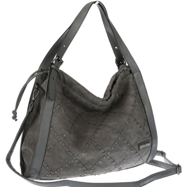 Велурена дамска чанта с декоративни кожени ленти и метални капси – елегантен бохо дизайн