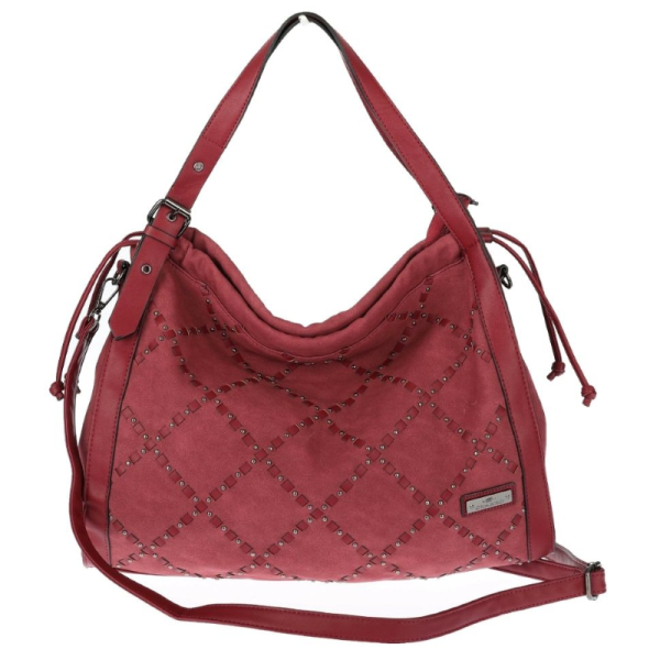 Велурена дамска чанта с декоративни кожени ленти и метални капси – елегантен бохо дизайн