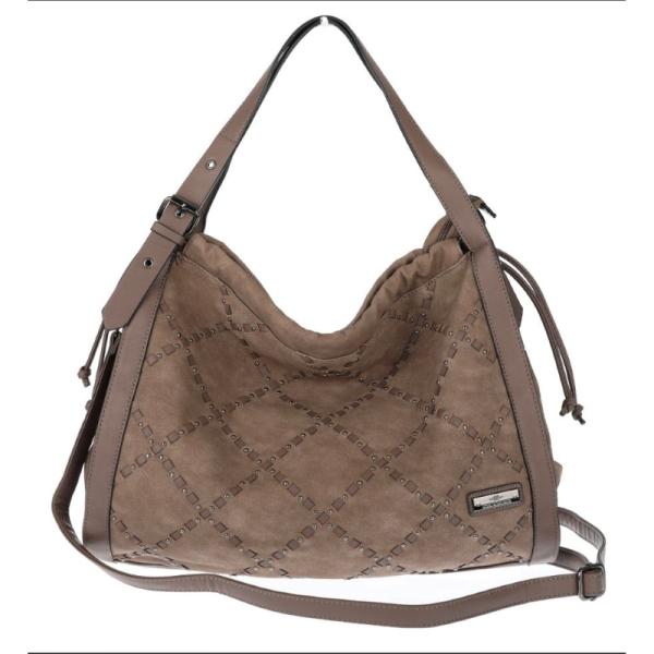 Велурена дамска чанта с декоративни кожени ленти и метални капси – елегантен бохо дизайн