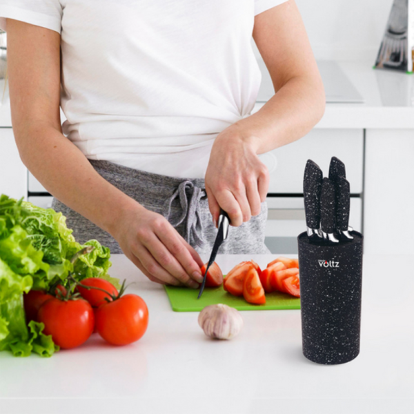 Комплект ножове Voltz с мраморно покритие и стойка OV51633G5, стил, острота и удобство за перфектна кухня