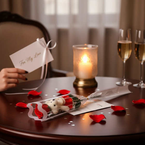 Комплект за подарък - роза и мече