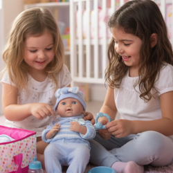 Кукла бебе с пълен комплект – Шише, пижама, легълце и аксесоари - 42 см