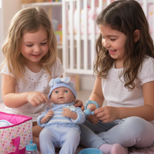 Кукла бебе с пълен комплект – Шише, пижама, легълце и аксесоари - 42 см