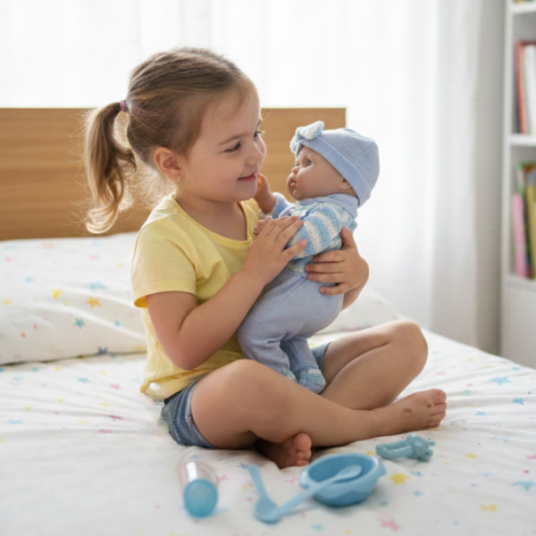 Кукла бебе с пълен комплект – Шише, пижама, легълце и аксесоари - 42 см