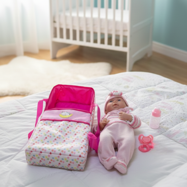 Кукла бебе с пълен комплект – Шише, пижама, легълце и аксесоари - 42 см
