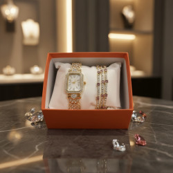 Луксозен дамски комплект: часовник и гривни в златист цвят