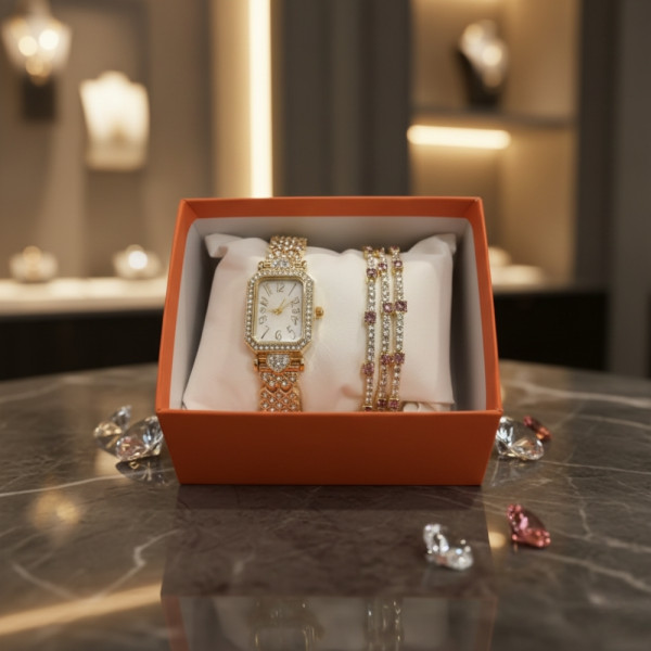 Луксозен дамски комплект: часовник и гривни в златист цвят