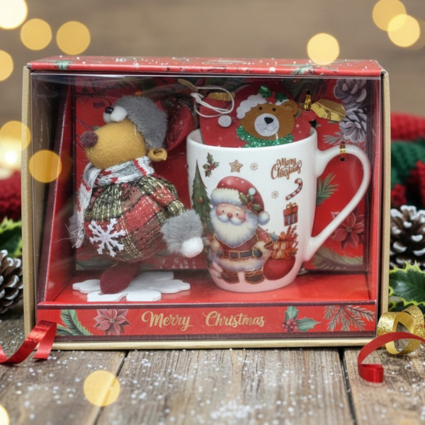 Коледен подаръчен комплект с чаша, лъжичка и мека играчка – моментална празнична атмосфера у дома