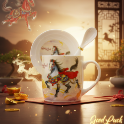 Подаръчен късметлийски порцеланов комплект – чаша, чинийка и лъжичка с празничен дизайн на коне