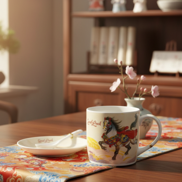 Подаръчен късметлийски порцеланов комплект – чаша, чинийка и лъжичка с празничен дизайн на коне
