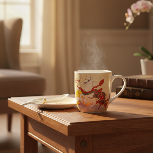 Подаръчен късметлийски порцеланов комплект – чаша, чинийка и лъжичка с празничен дизайн на коне 3