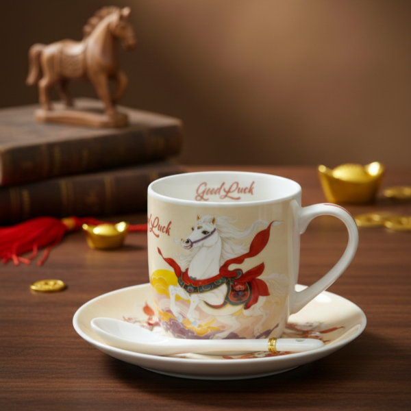 Подаръчен късметлийски порцеланов комплект – чаша, чинийка и лъжичка с празничен дизайн на коне