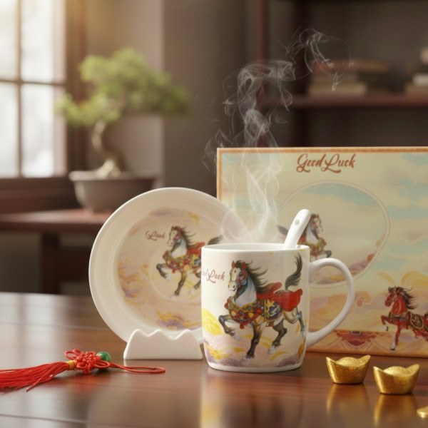 Подаръчен късметлийски порцеланов комплект – чаша, чинийка и лъжичка с празничен дизайн на коне