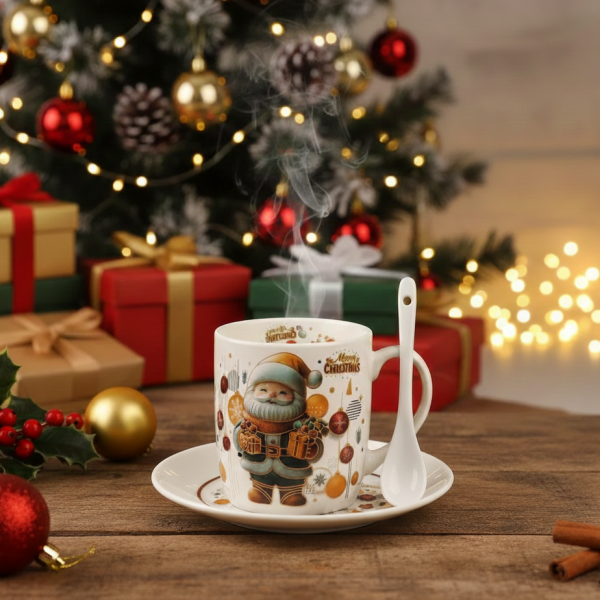 Коледна керамична чаша с капак и лъжица – уют за всяка сутрин