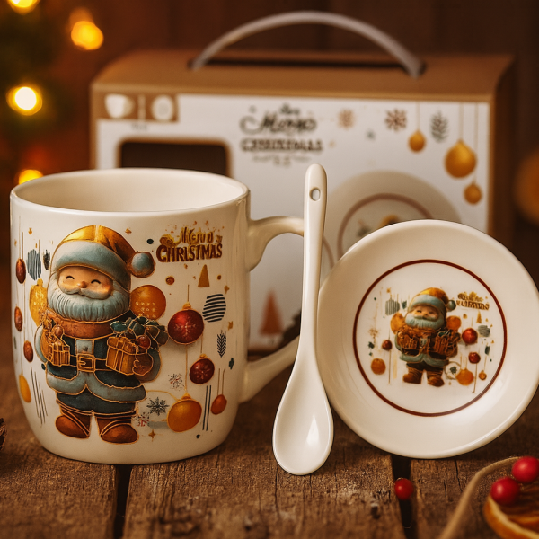 Коледна керамична чаша с капак и лъжица – уют за всяка сутрин