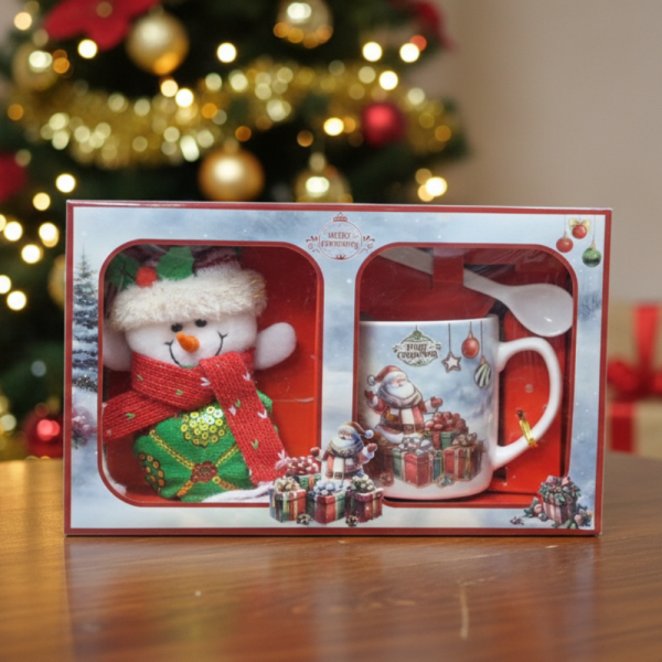 Празничен подаръчен комплект с чаша, лъжичка  и снежен човек – готов за подаряване 6