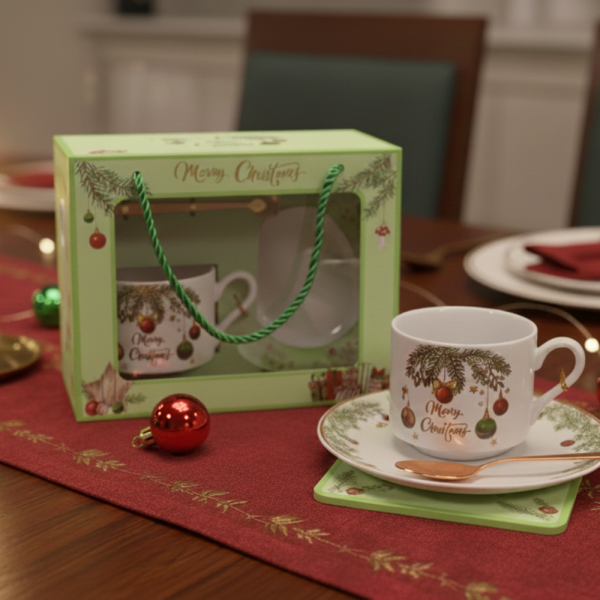 Коледен подаръчен комплект – Керамична чаша  с лъжичка и чинийка в празнична кутия 3