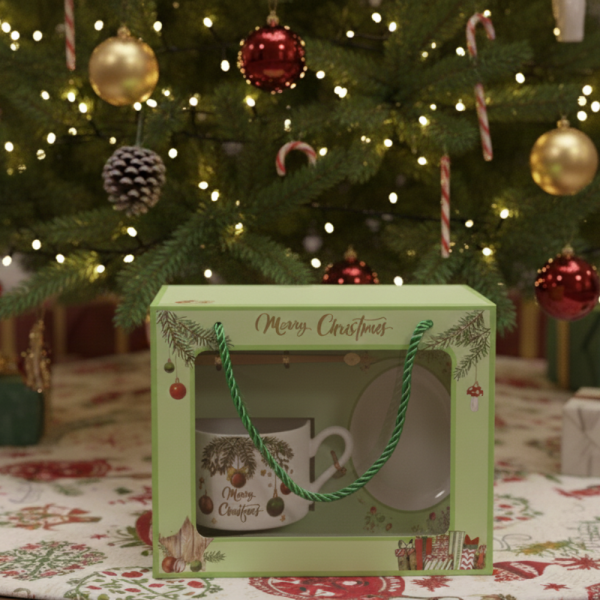 Коледен подаръчен комплект – Керамична чаша  с лъжичка и чинийка в празнична кутия