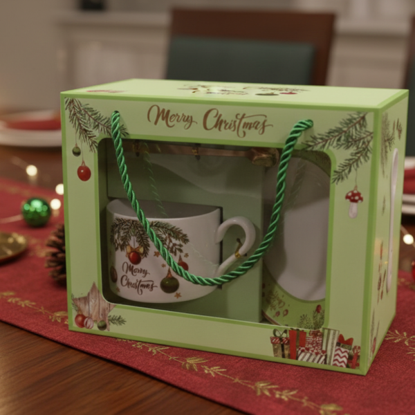 Коледен подаръчен комплект – Керамична чаша  с лъжичка и чинийка в празнична кутия