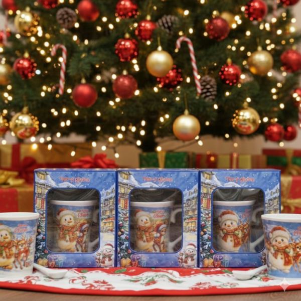 Празничен комплект за топли напитки – Керамична чаша и лъжичка в коледна опаковка