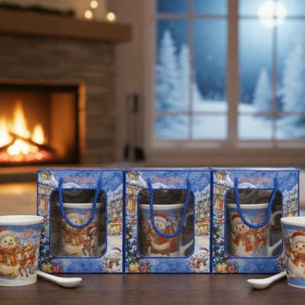 Празничен комплект за топли напитки – Керамична чаша и лъжичка в коледна опаковка