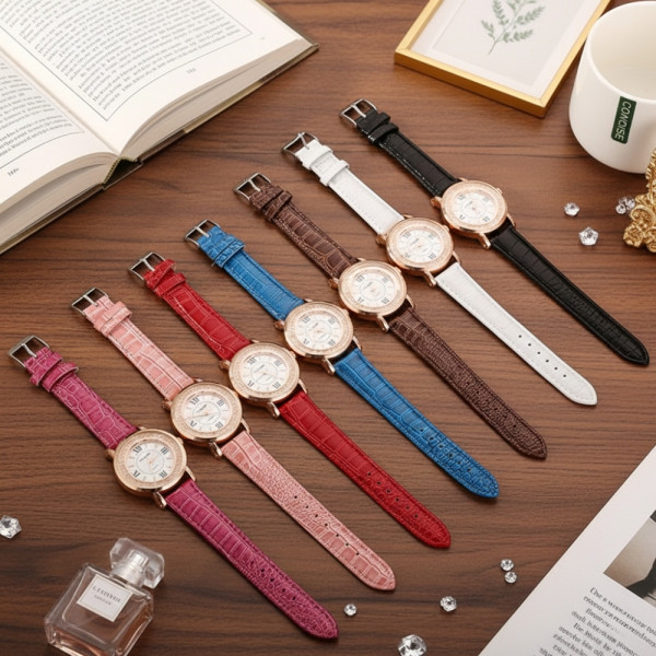 Дамски ръчен часовник с кръгъл циферблат с камъни и кожена каишка WW30 1