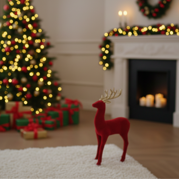 Червен кадифен елен за Коледна украса – Луксозен празничен акцент