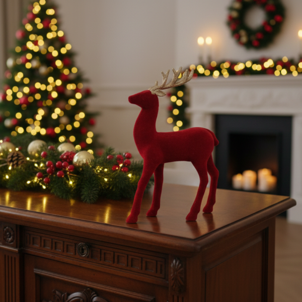Червен кадифен елен за Коледна украса – Луксозен празничен акцент